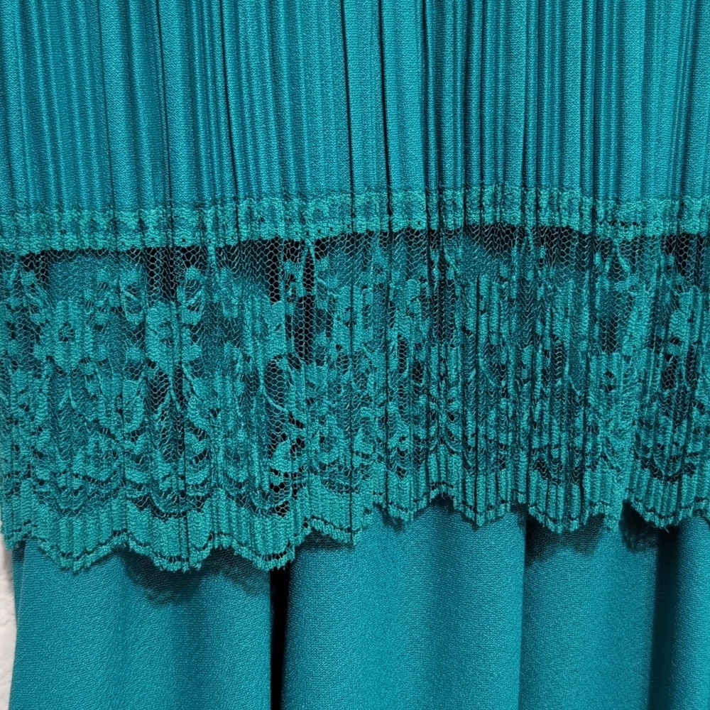 Good Times 80s Vintage Pleated Party Cocktail Dress Teal Size 8P Lace Detail - Picture 4 of 11